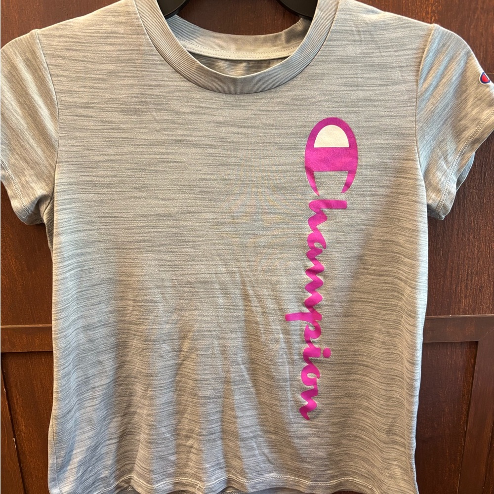 Champion Kids Short Sleeve Tee in Gray with Pink Logo